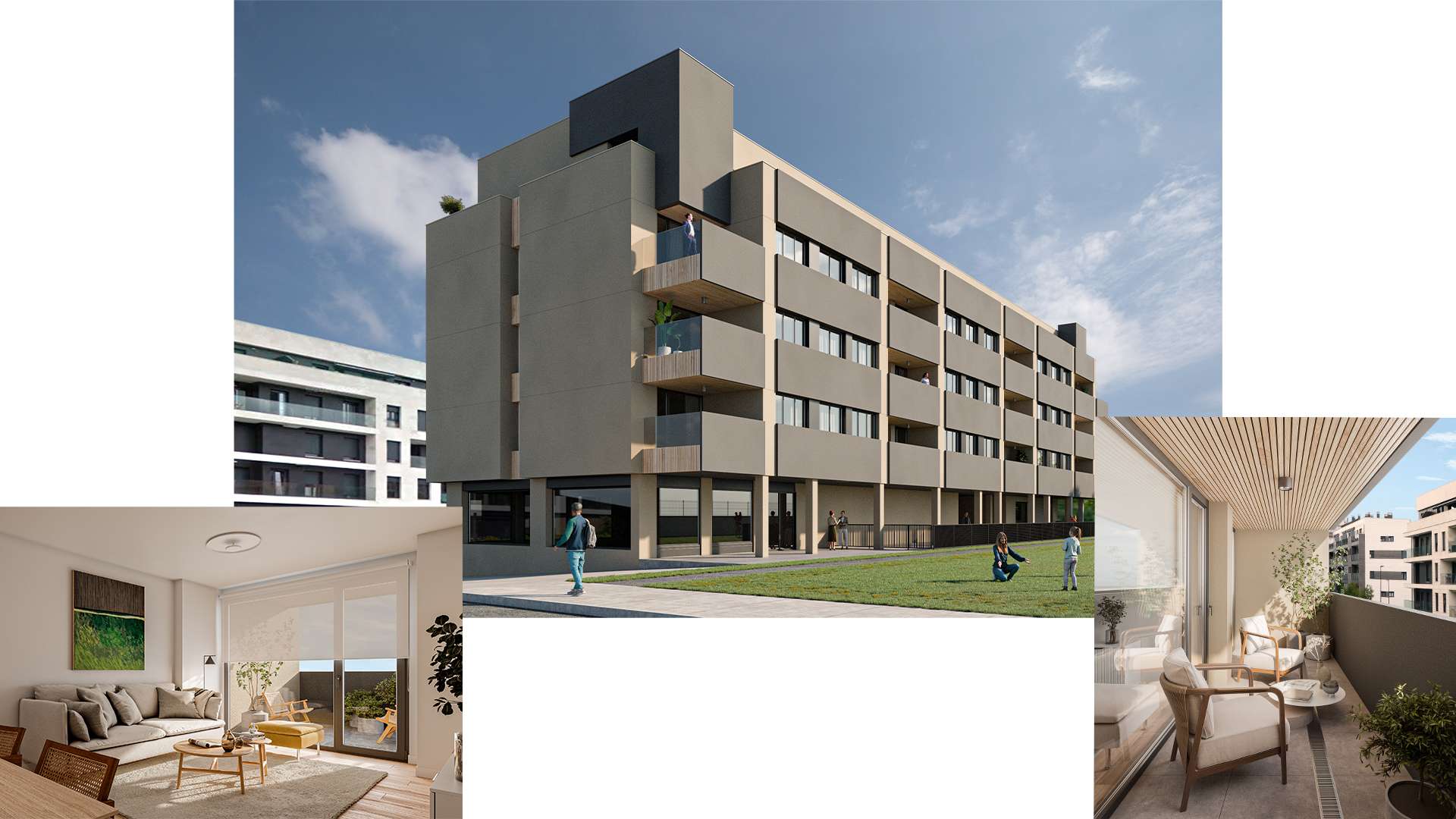 Infografías de la fachada y de interiores de la nueva promoción Aral, en nuevo Roces, Gijón